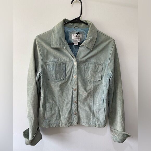 Authentic vintage genuine suede leather light blue green teal jacket coat - Picture 4 of 10